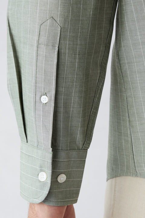 Light Green Long Sleeve Regular Fit Cotton Striped Shirt