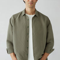 Medium Khaki Long Sleeve Oversize Striped Modal Shirt