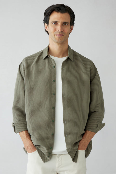 Medium Khaki Long Sleeve Oversize Striped Modal Shirt