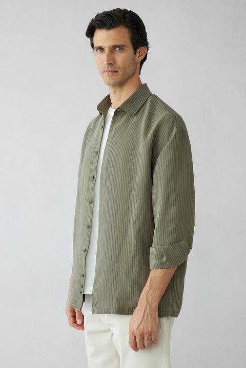 Medium Khaki Long Sleeve Oversize Striped Modal Shirt