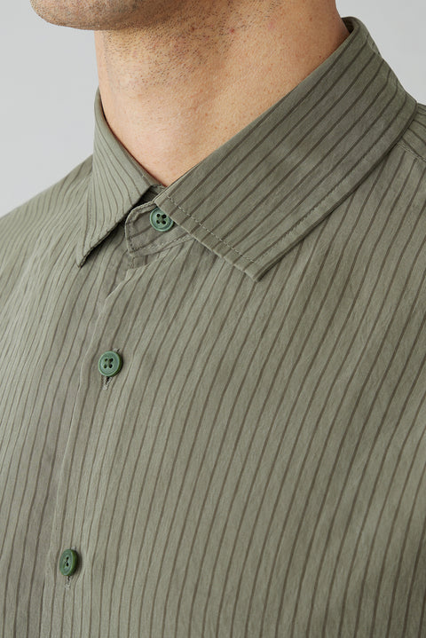 Medium Khaki Long Sleeve Oversize Striped Modal Shirt