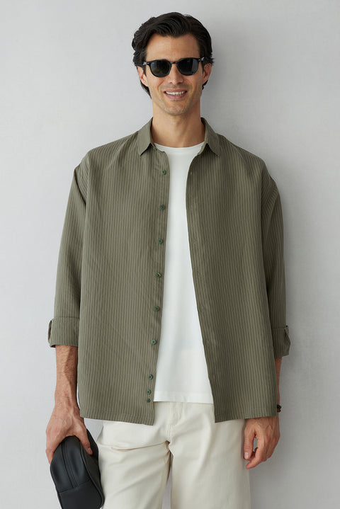 Medium Khaki Long Sleeve Oversize Striped Modal Shirt