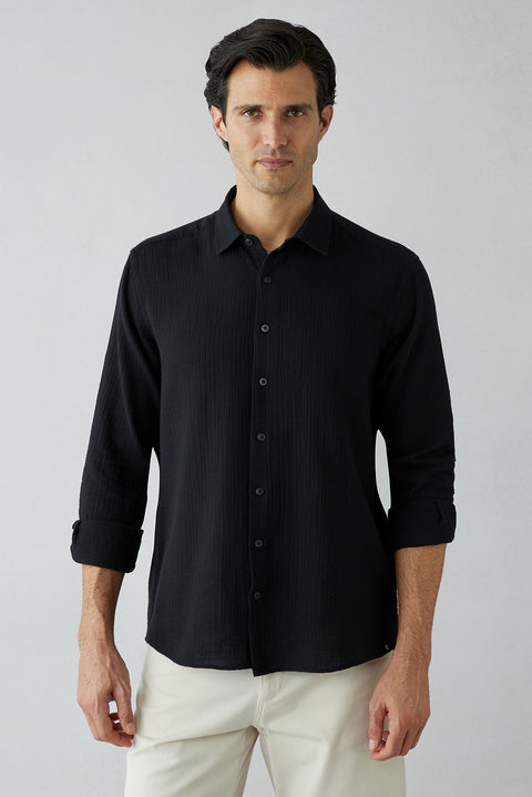 Black Long Sleeve Regular Fit Plain Cotton Shirt