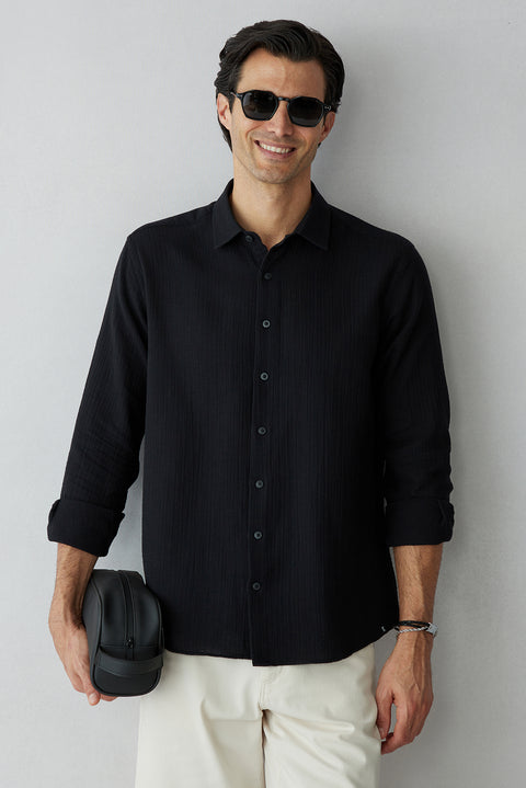 Black Long Sleeve Regular Fit Plain Cotton Shirt