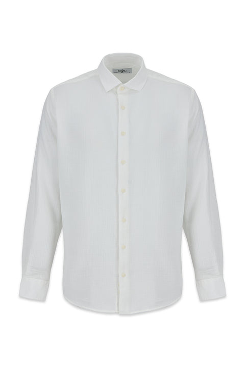 Off-white long-sleeved regular fit plain cotton shirt