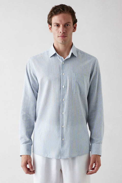 Blue Short Sleeve Regular Fit Striped Cotton Shirt