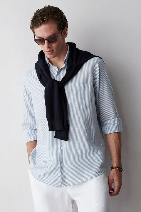 Blue Short Sleeve Regular Fit Striped Cotton Shirt