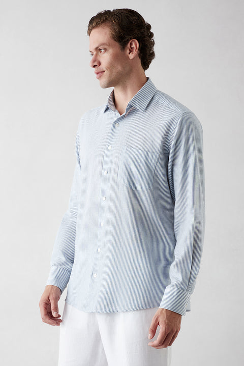 Blue Short Sleeve Regular Fit Striped Cotton Shirt