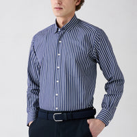Dark Navy Long Sleeve Regular Fit Classic Collar Striped Pocket Cotton Shirt