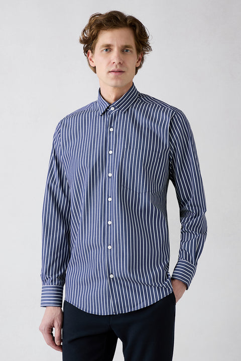 Dark Navy Long Sleeve Regular Fit Classic Collar Striped Pocket Cotton Shirt