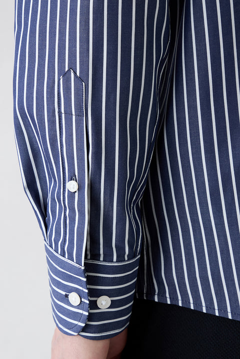 Dark Navy Long Sleeve Regular Fit Classic Collar Striped Pocket Cotton Shirt