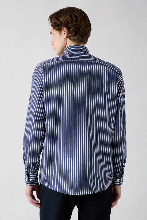 Dark Navy Long Sleeve Regular Fit Classic Collar Striped Pocket Cotton Shirt