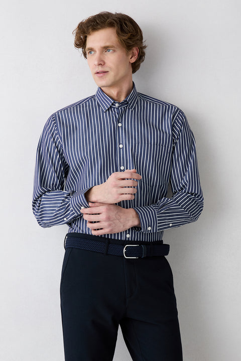 Dark Navy Long Sleeve Regular Fit Classic Collar Striped Pocket Cotton Shirt
