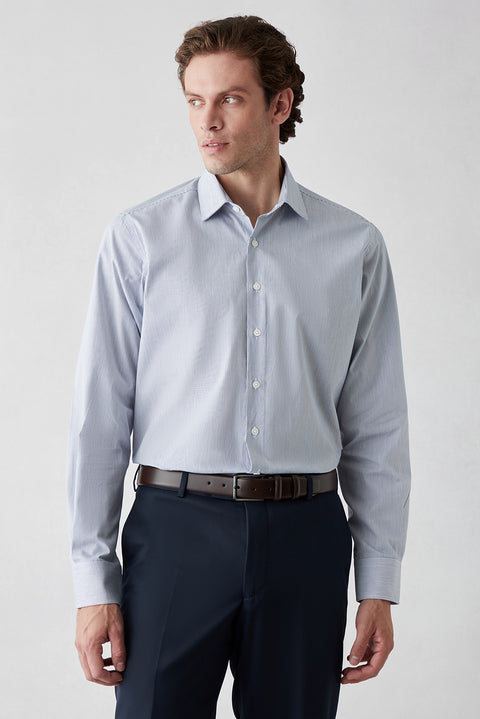 Dark Navy Long-Sleeve Classic Striped Cotton Shirt