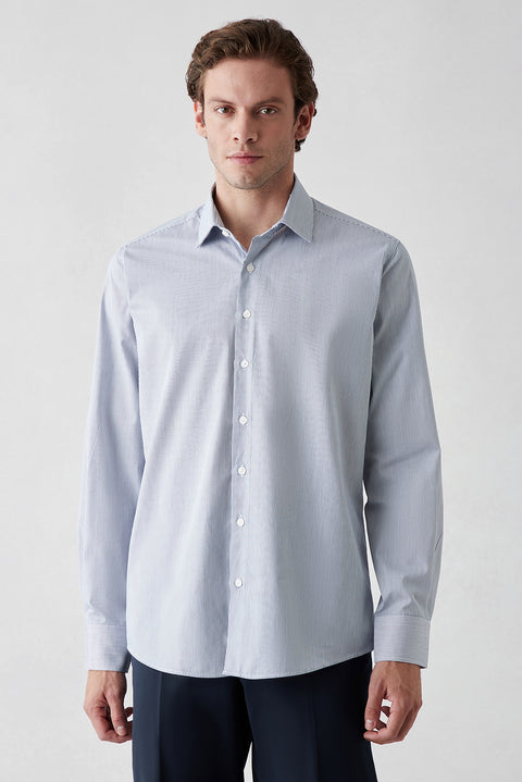 Dark Navy Long-Sleeve Classic Striped Cotton Shirt