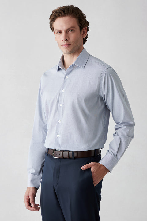 Dark Navy Long-Sleeve Classic Striped Cotton Shirt