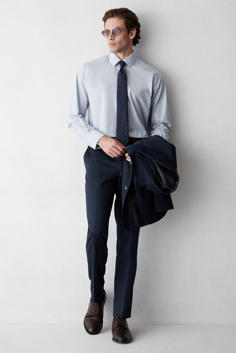 Dark Navy Long-Sleeve Classic Striped Cotton Shirt