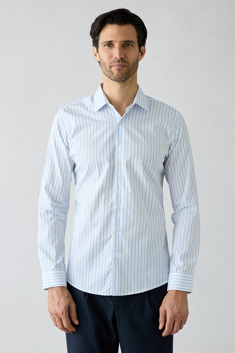 Blue Long Sleeve Slim Fit Cotton Striped Shirt