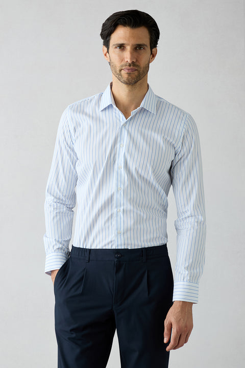 Blue Long Sleeve Slim Fit Cotton Striped Shirt