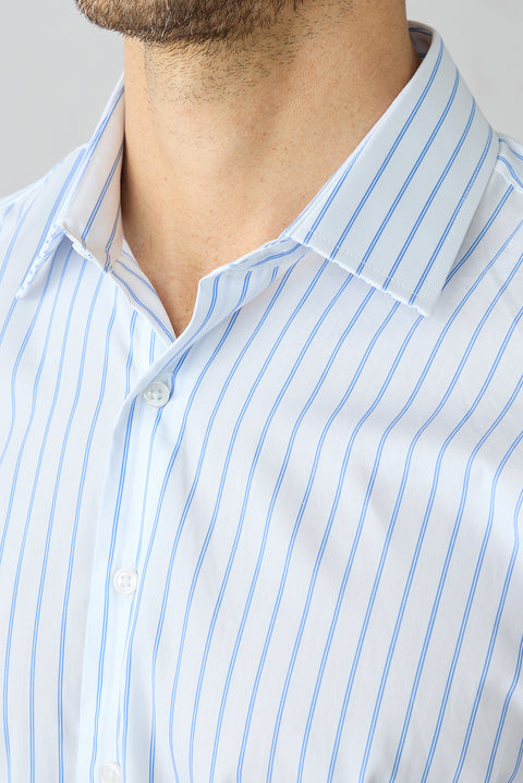 Blue Long Sleeve Slim Fit Cotton Striped Shirt