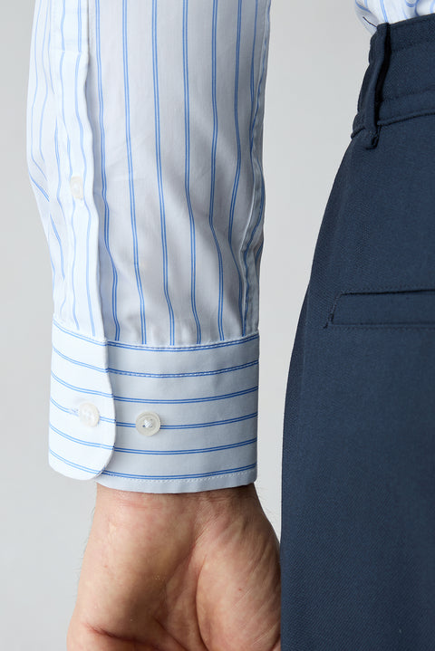 Blue Long Sleeve Slim Fit Cotton Striped Shirt