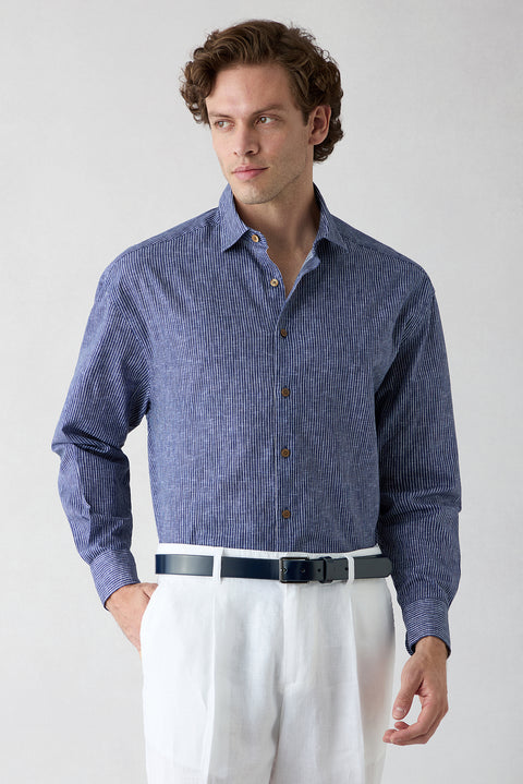 Dark Navy Long Sleeve Oversize Linen Striped Shirt