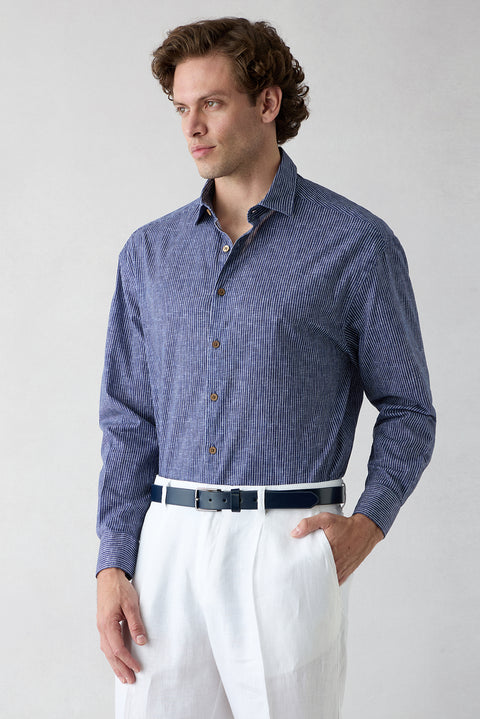 Dark Navy Long Sleeve Oversize Linen Striped Shirt