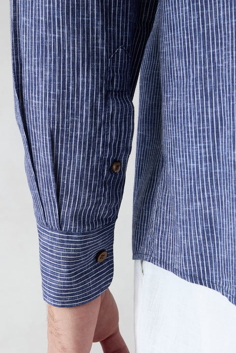 Dark Navy Long Sleeve Oversize Linen Striped Shirt