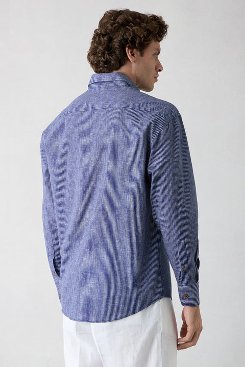 Dark Navy Long Sleeve Oversize Linen Striped Shirt