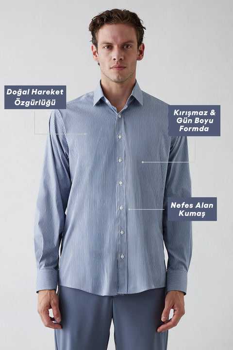 Medium Navy Long Sleeve Regular Striped Cotton Shirt