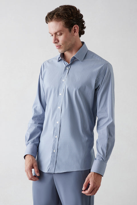 Medium Navy Long Sleeve Regular Striped Cotton Shirt