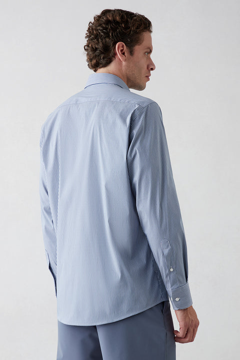 Medium Navy Long Sleeve Regular Striped Cotton Shirt