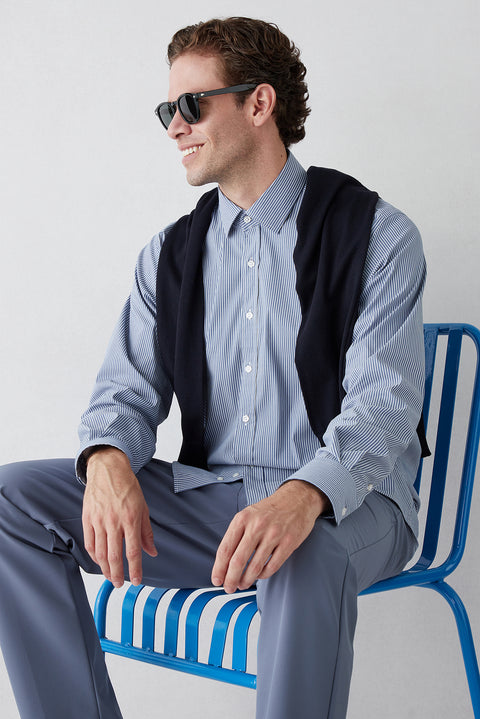 Medium Navy Long Sleeve Regular Striped Cotton Shirt