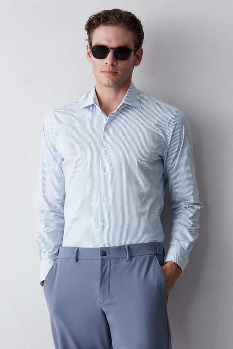 Mavi Techno-Line Uzun Kol Slim Fit Çizgili Klasik Pamuklu Gömlek