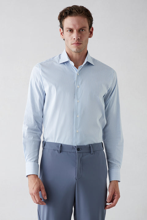 Mavi Techno-Line Uzun Kol Slim Fit Çizgili Klasik Pamuklu Gömlek