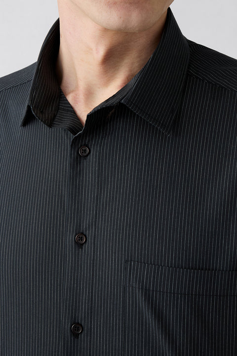 Black Long Sleeve Regular Fit Striped Pocketed Breathable Cotton Shirt