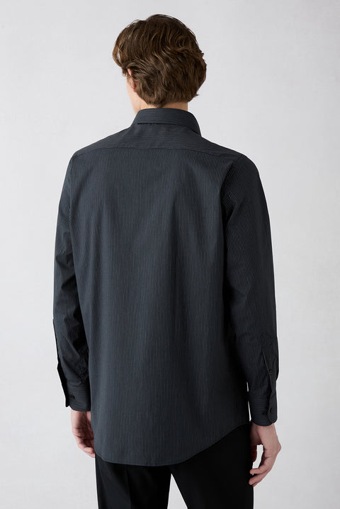 Black Long Sleeve Regular Fit Striped Pocketed Breathable Cotton Shirt