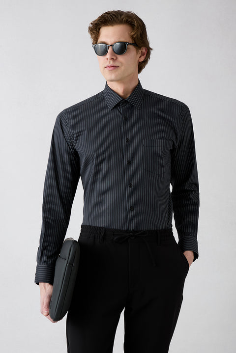 Black Long Sleeve Slim Fit Striped Pocketed Cotton Breathable Classic Shirt