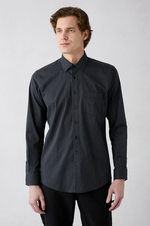 Black Long Sleeve Slim Fit Striped Pocketed Cotton Breathable Classic Shirt