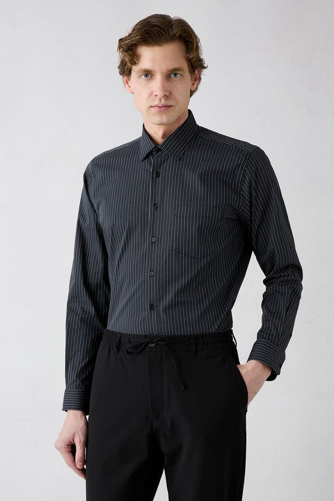 Black Long Sleeve Slim Fit Striped Pocketed Cotton Breathable Classic Shirt