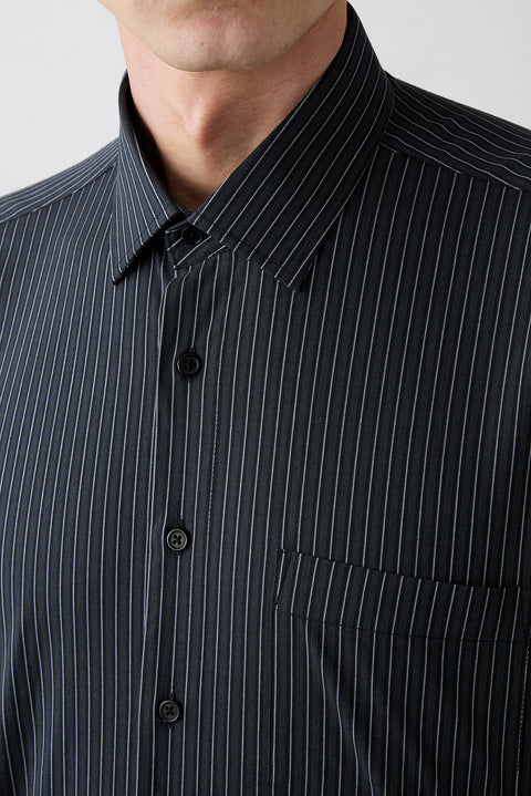 Black Long Sleeve Slim Fit Striped Pocketed Cotton Breathable Classic Shirt
