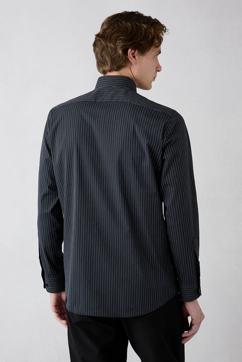 Black Long Sleeve Slim Fit Striped Pocketed Cotton Breathable Classic Shirt