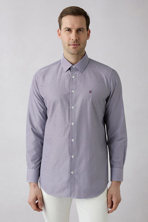 Wine Bordeaux Long Sleeve Regular Fit Classic Striped Cotton Easy Iron Shirt