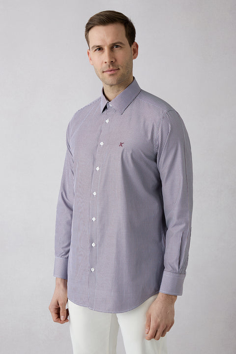 Wine Bordeaux Long Sleeve Regular Fit Classic Striped Cotton Easy Iron Shirt