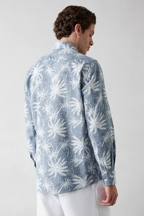 Dark Navy Long Sleeve Regular Fit Printed Cotton Shirt