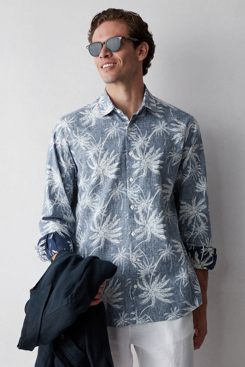 Dark Navy Long Sleeve Regular Fit Printed Cotton Shirt