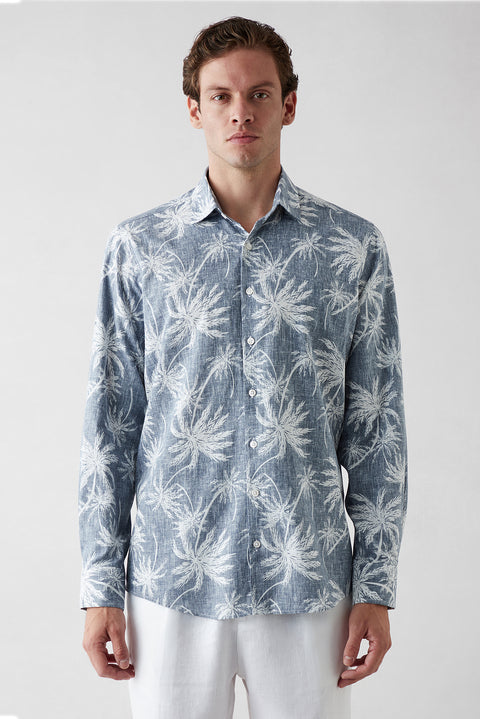 Dark Navy Long Sleeve Regular Fit Printed Cotton Shirt