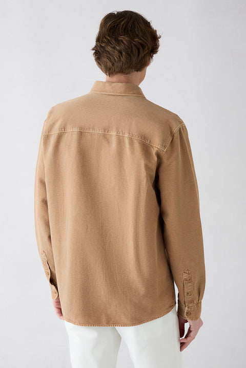 Light Brown Long Sleeve Regular Fit Washed Linen Lyocell Blend Shirt