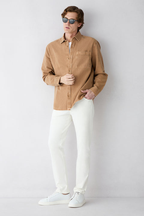 Light Brown Long Sleeve Regular Fit Washed Linen Lyocell Blend Shirt