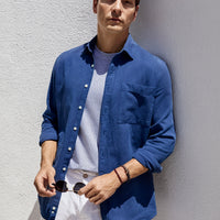 Dark Indigo Long Sleeve Plain Cotton/Lyocell/Linen Shirt